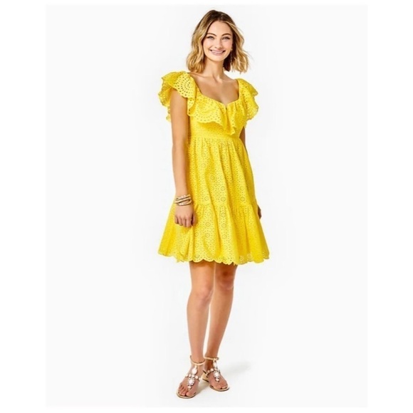 New! Lilly Pulitzer Asteria Dress Resort Yellow Daisy Dreams Eyelet - Picture 8 of 8